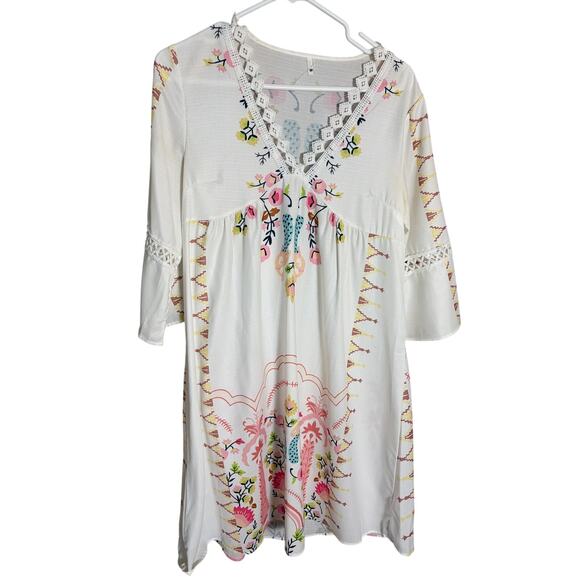 other Dresses & Skirts - Boho Floral Babydoll Tunic Dress White Embroidered Lace V Neck Medium Festival
